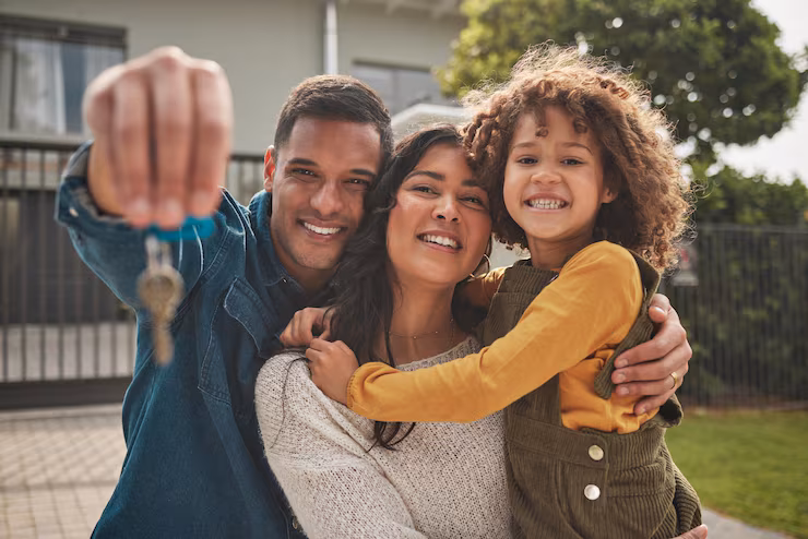Família pesquisando e comemorando a compra de um novo imóvel